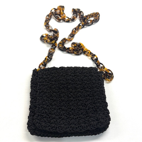 Gun Marie Nilsson NYC Black Macrame Woven Crossbody Purse Tortoise Shell Chain - Picture 3 of 8